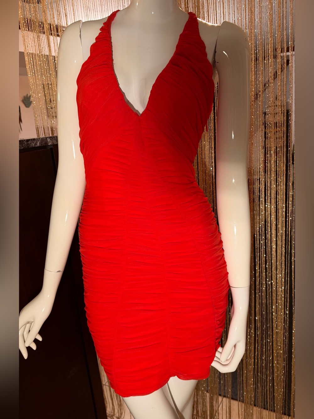 bebe Red Ruched V-Neck Mini Dress
